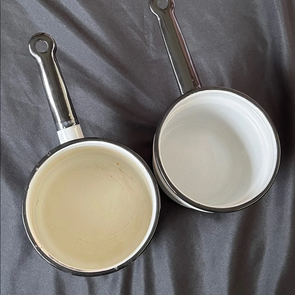 Vtg White W/Black Trim Enamelware Double Boiler Farmhouse Chic *NO LID*